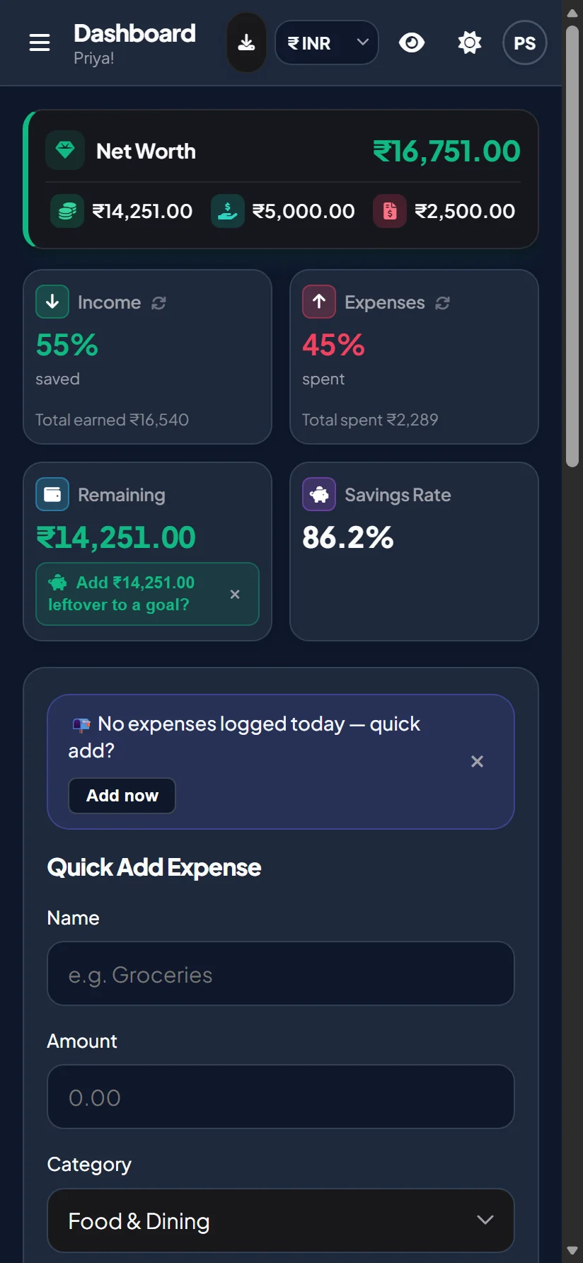 Showcase Tab 1: Dashboard with live monthly surplus