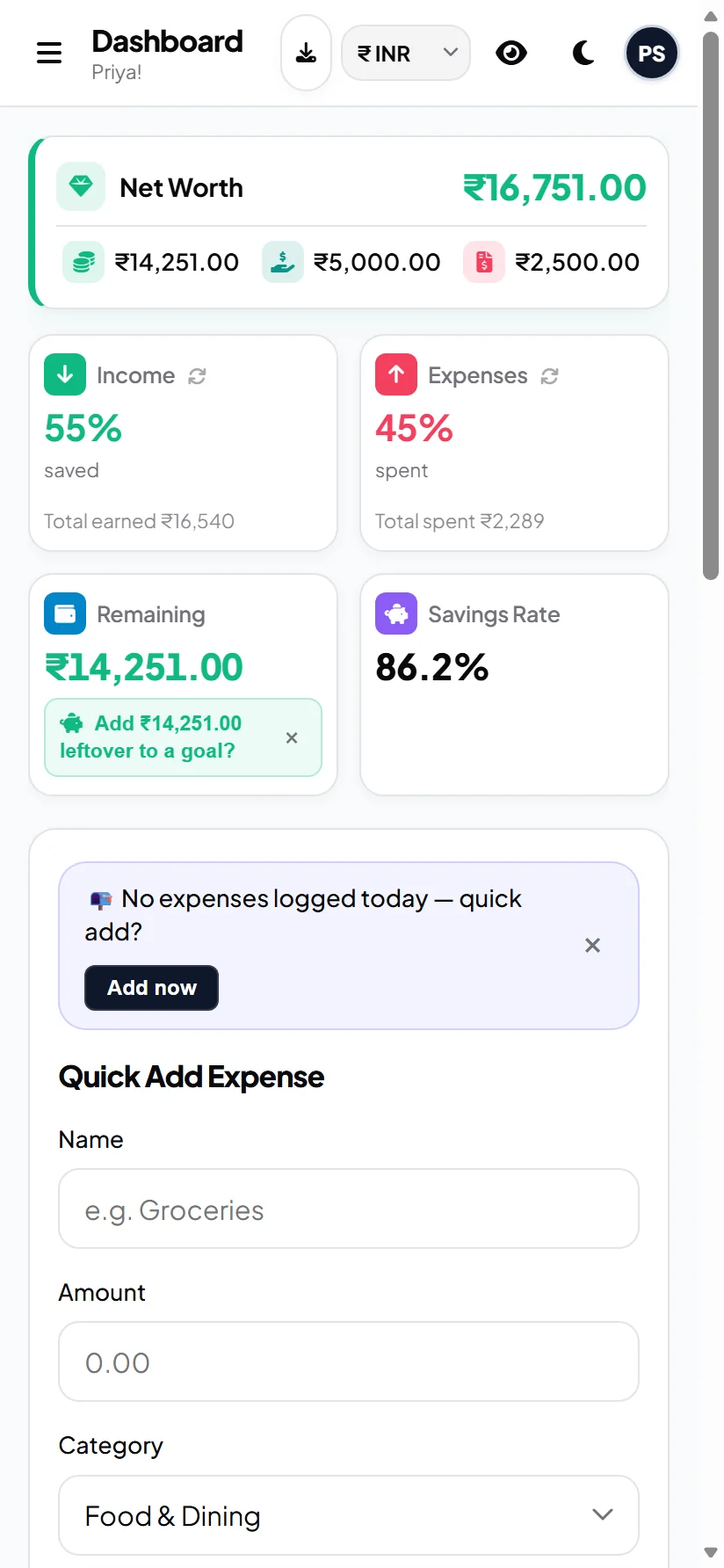 Ledgio expense logging interface with rapid category selection