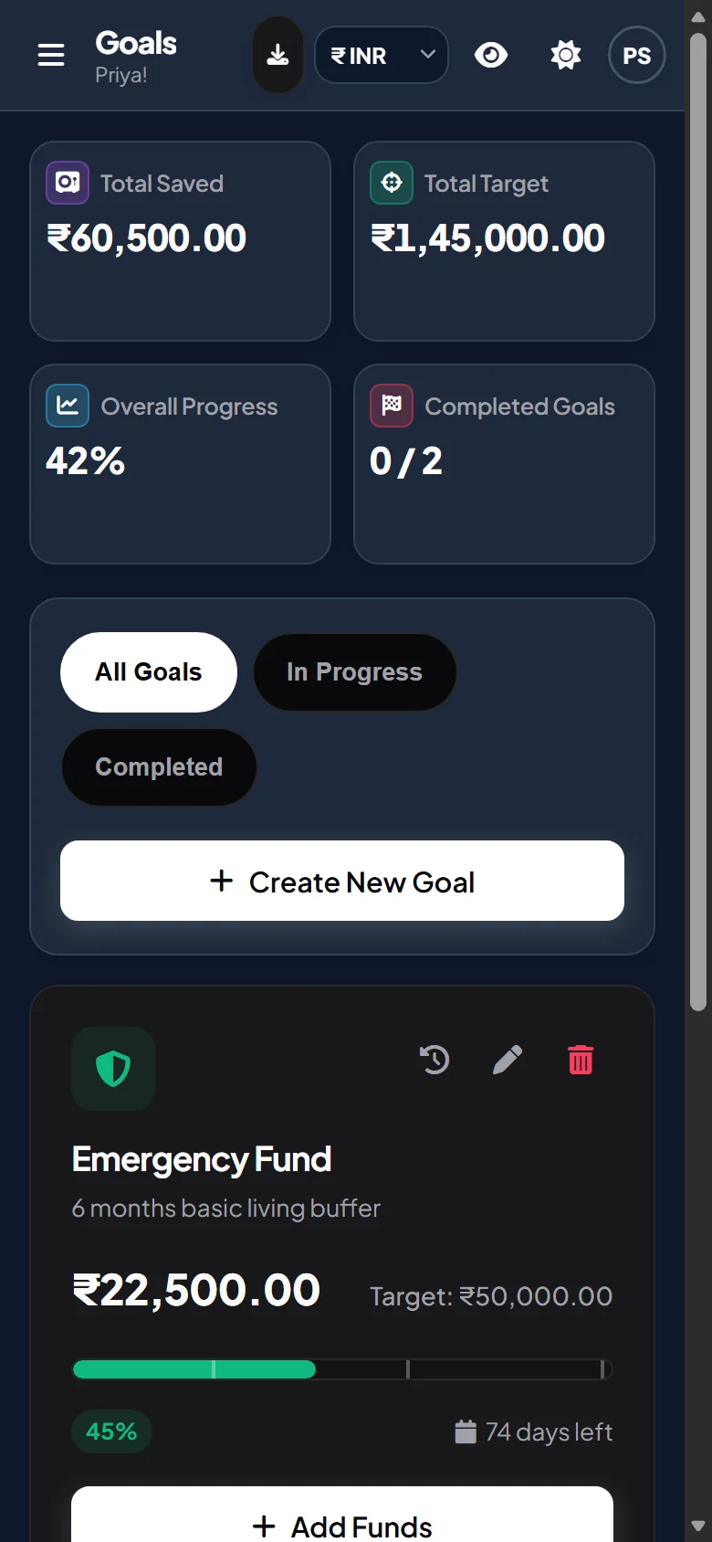 Ledgio savings goals tracker with deposit milestones and surplus allocation