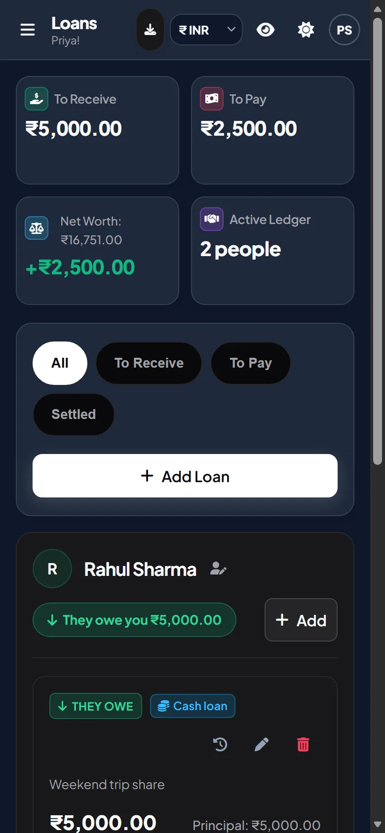 Ledgio loans ledger showing money lent and borrowed with partial settlements